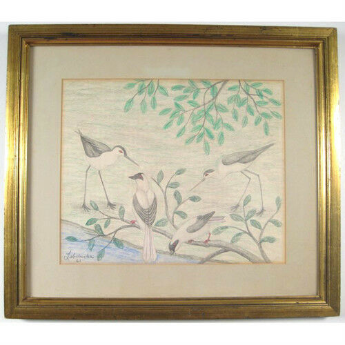 "Birds" By Lawrence Lebduska 1961 Signed Pencil and Crayon Drawing 21"x24"