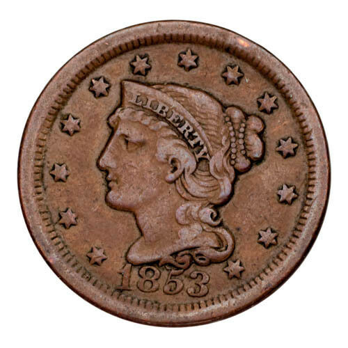 1853 Braided Hair Large Cent 1C Penny (Very Fine, VF Condition)