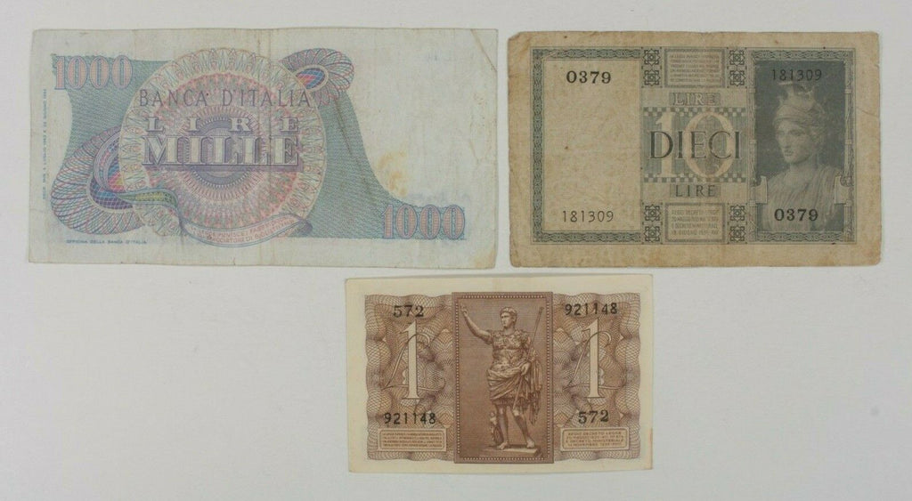 Italy 3-Notes Currency Set // Regno d'Italia 1 &10 // Banca d'Italia 1000 Lire