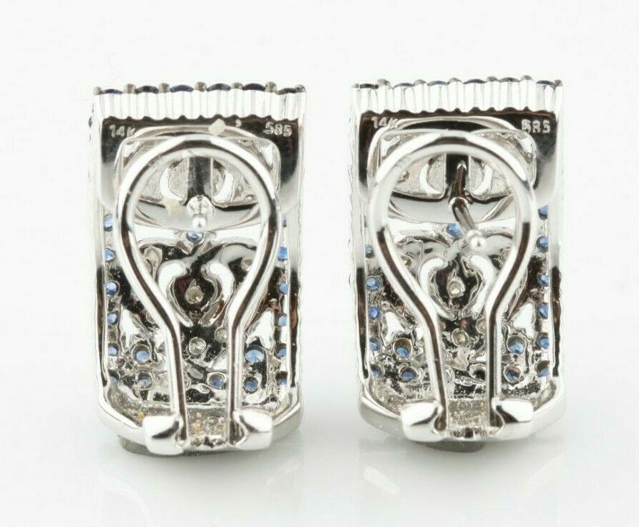 14k White Gold Diamond and Sapphire Plaque Huggie Earrings with Antiqued Accents