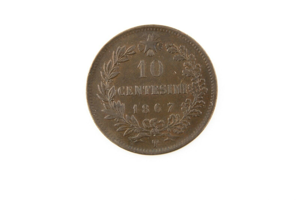 1867-T BN Italy 10 Centesimi Coin AU Brown Italian Almost Uncirculated KM#13.2