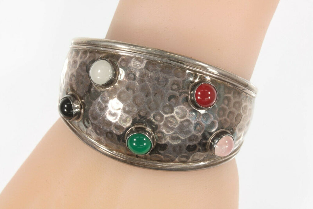 Amazing Vintage Mexican Silver Multi Stone Cuff Bracelet