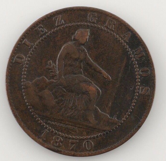 1870 Spain Provisional Government 10 Centimos Very Fine Condition KM #663