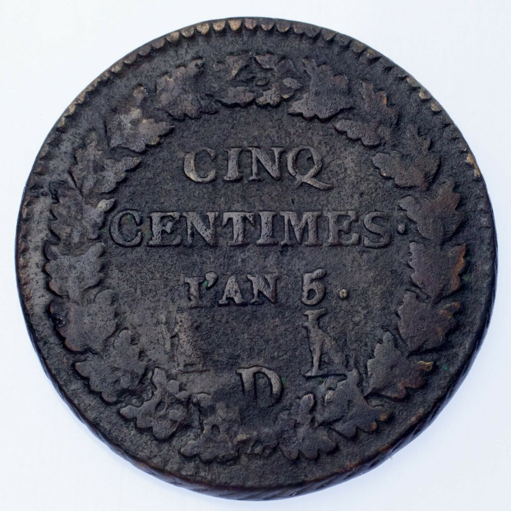 LAN 5 (1796-97) France 5 Centimes Coin (VF) Very Fine KM# 640.5