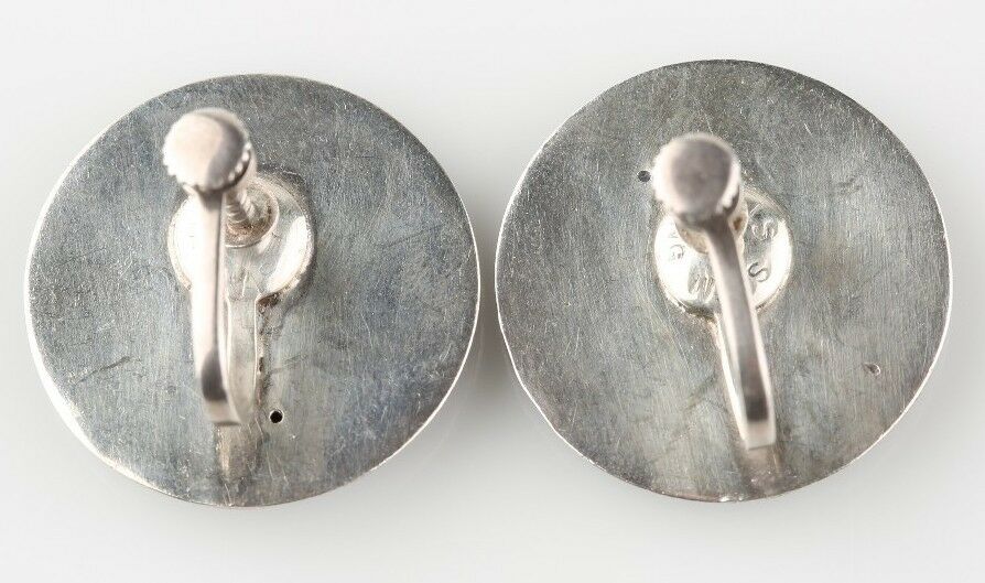 Vintage Sterling Silver Siamese Niello Etched Disk Earrings w/ Screw Backs