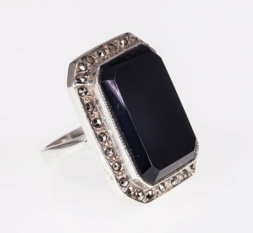 Rectangular Onyx and marcasite Sterling Silver Ring SZ 6