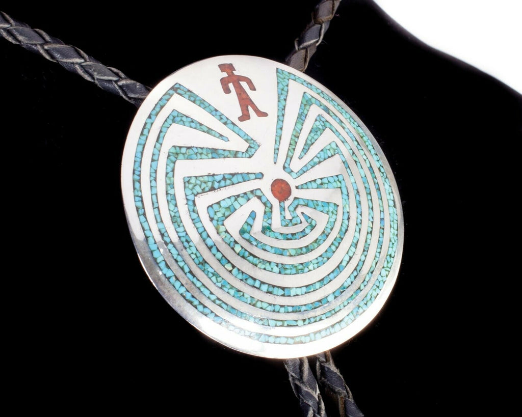 Sterling Silver Man in the Maze Bolo Tie with Turquoise and Coral Inlay