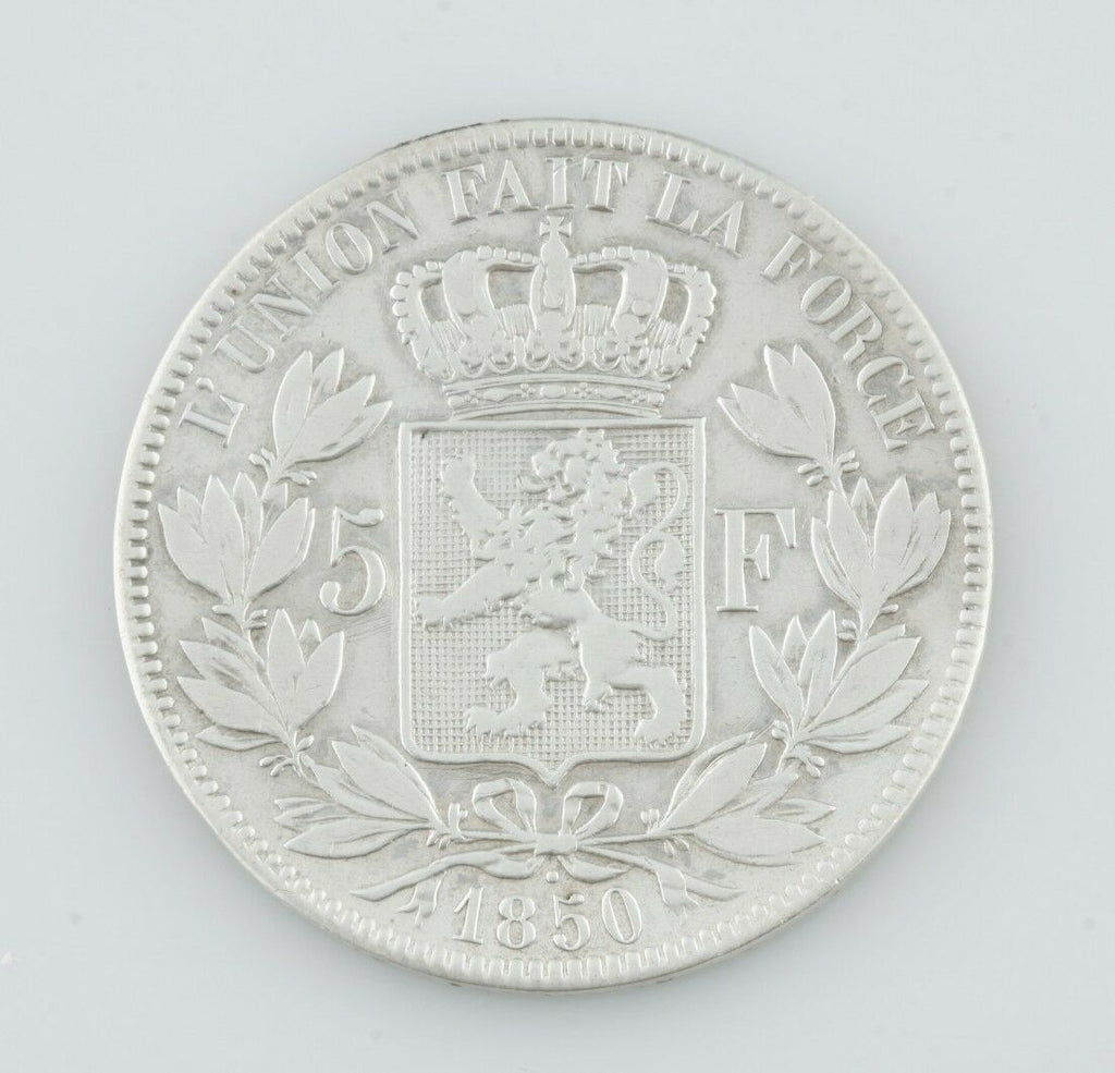 1850 Belgium 5 Francs W/ Dot Above Date, Very Fine Detail KM17