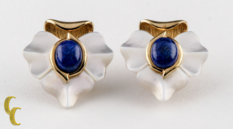 Sterling Silver Gold Plated MOP Leaf Design w Lapis Lazuli Stone Earrings