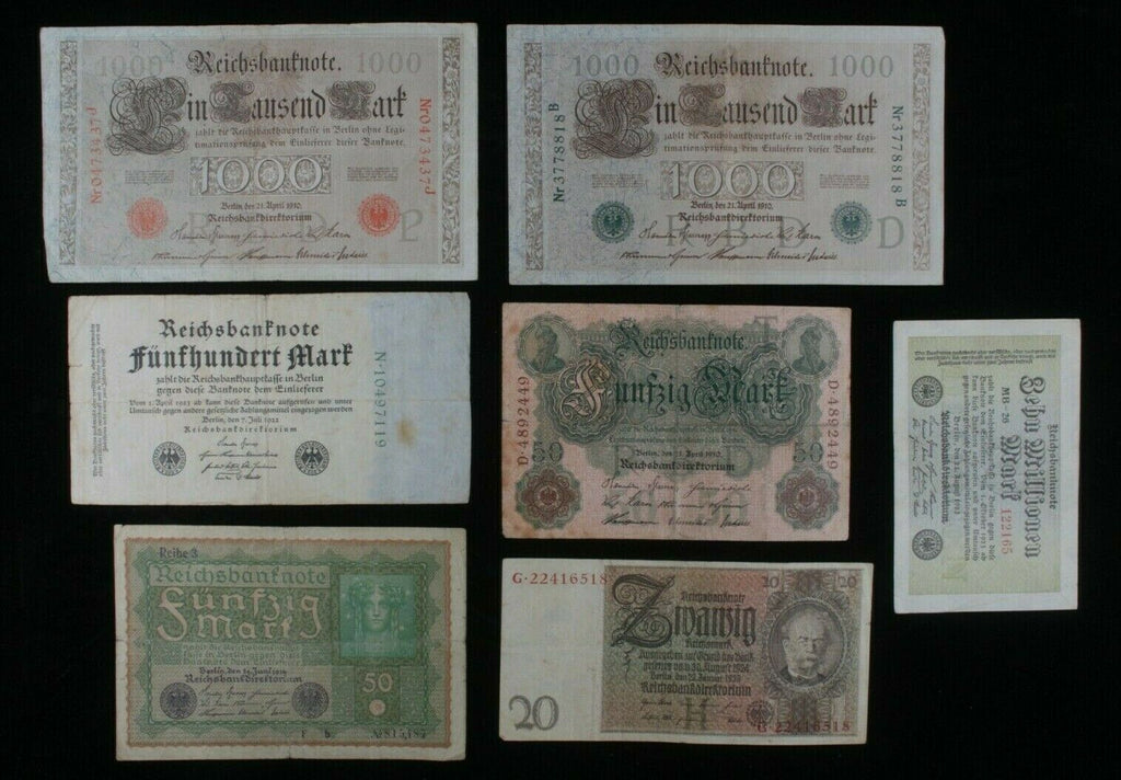 1910-1929 Germany 7-Notes Set // Empire 50-1000 Mark & Weimar 20-10000000 Mark