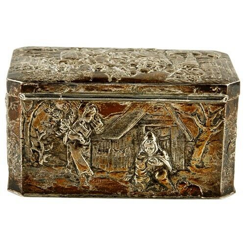 Antique German Hinged Repousse Box 800 Silver Decorated w/ Autumn Scenes 232g