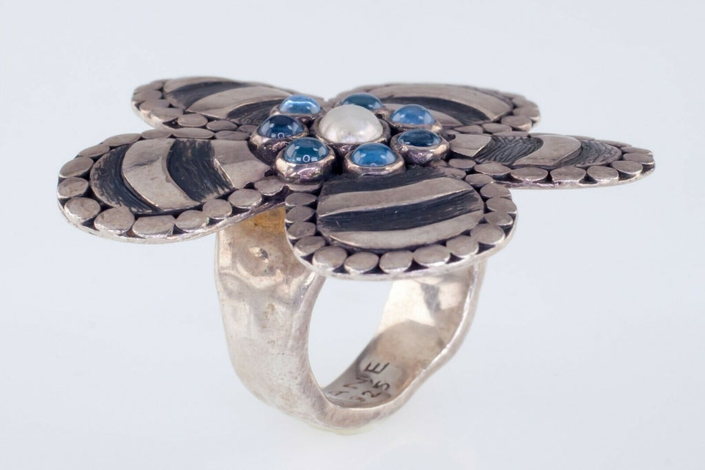Rane Sterling Silver Antiqued Flower Ring with Blue Topaz Accents Size 5.75