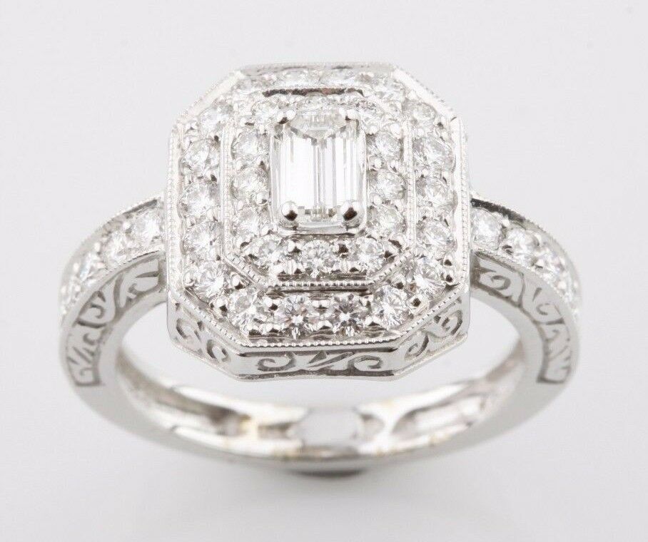 1.15 carat Emerald Cut Diamond 18K White Gold Engagement Ring w/ Accents Size 6