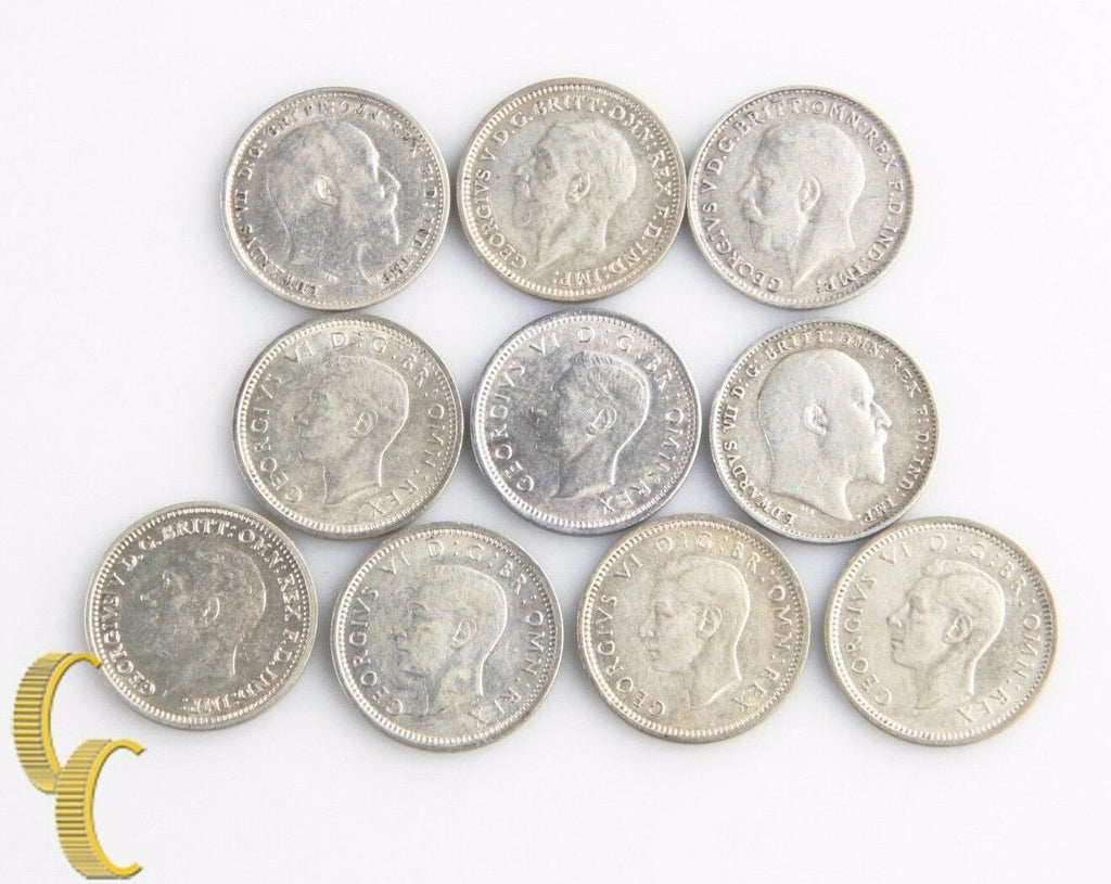 1904-1944 Great Britain Threepence Lot (VF-MS, 10 coins) Silver 3 Pence England