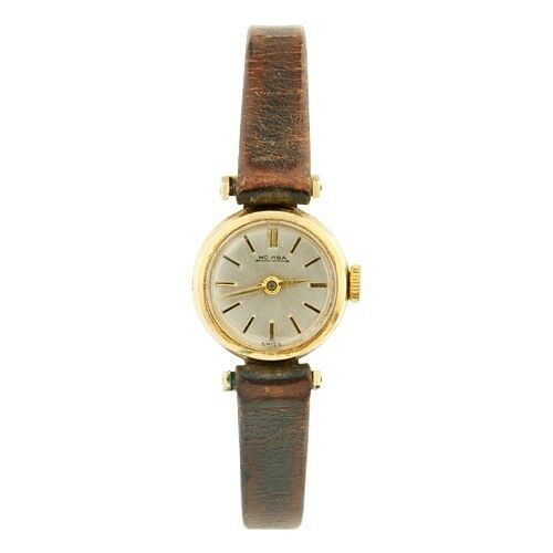 Moviga Vintage 14k Yellow Gold Women's Hand-Winding Watch w/ Brown Leather Band