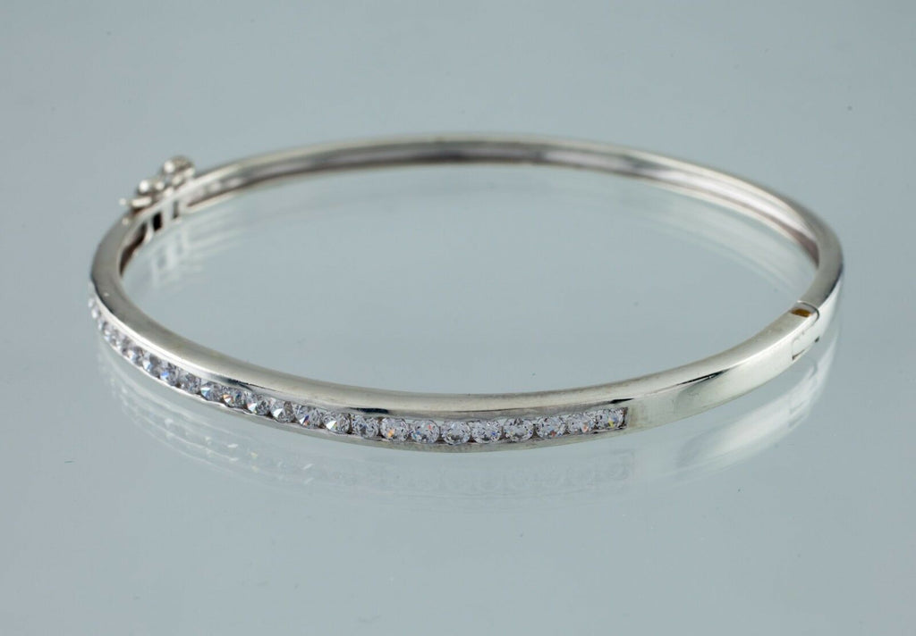 Sterling Silver Bangle w/ Channel Set Round Cubic Zirconias Gorgeous!