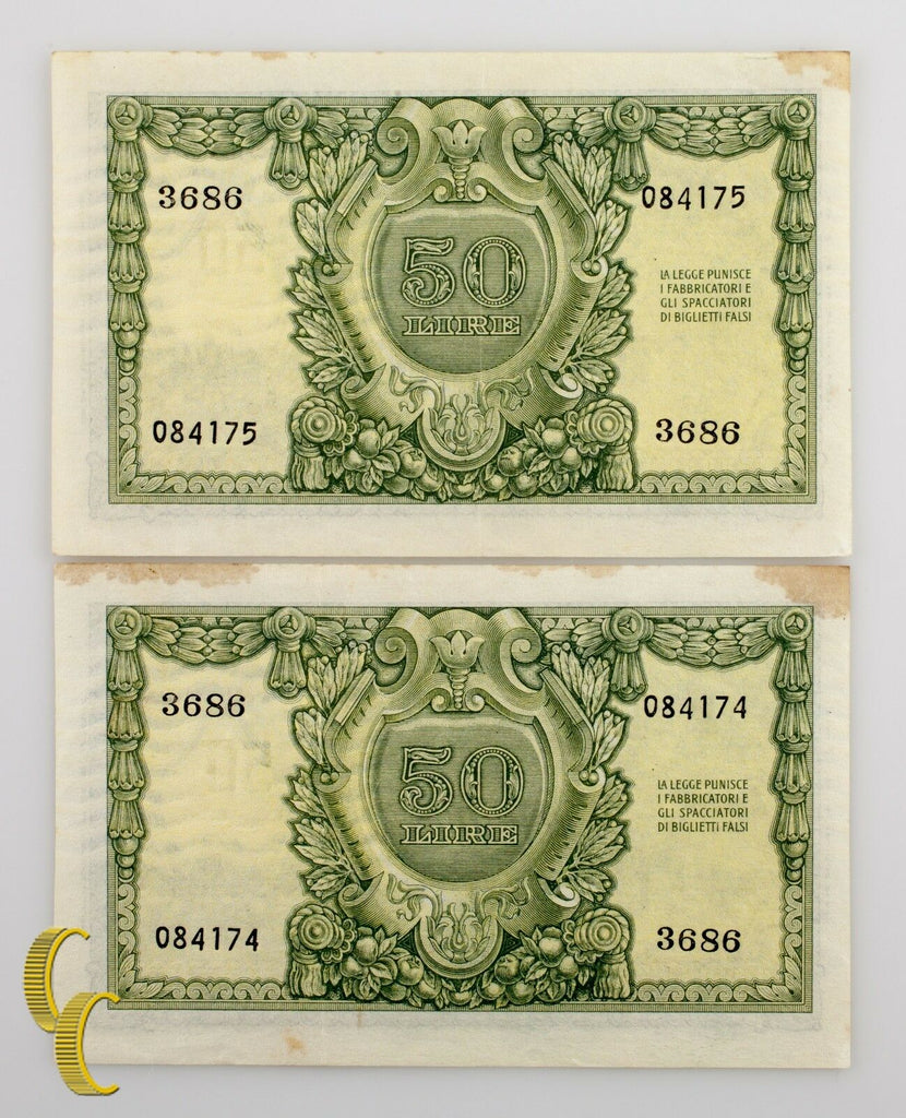 1951 Italy 2 Sequentially Numbered 50 Lire (AU) About Uncirculated Condition