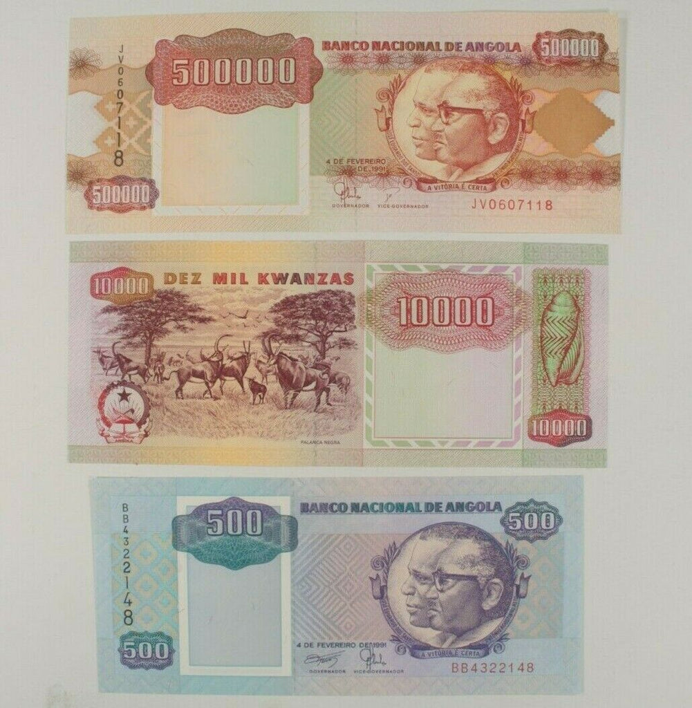 1991 Angola 3-Notes Currency Set // 500 10,000 & 500,000 Kwanza // Uncirculated