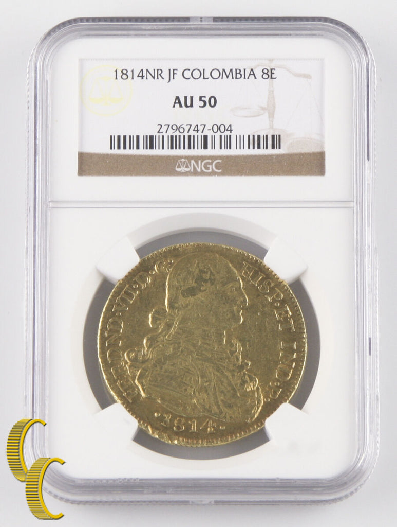 1814NR JF Colombia 8 Escudos Gold Coin Graded NGC AU50 KM# 66.1