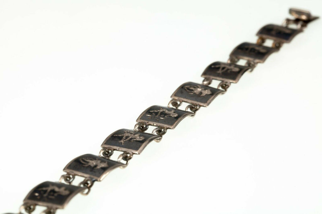 Vintage Thai Silver Siam Niello Enamel Panel Bracelet 7"