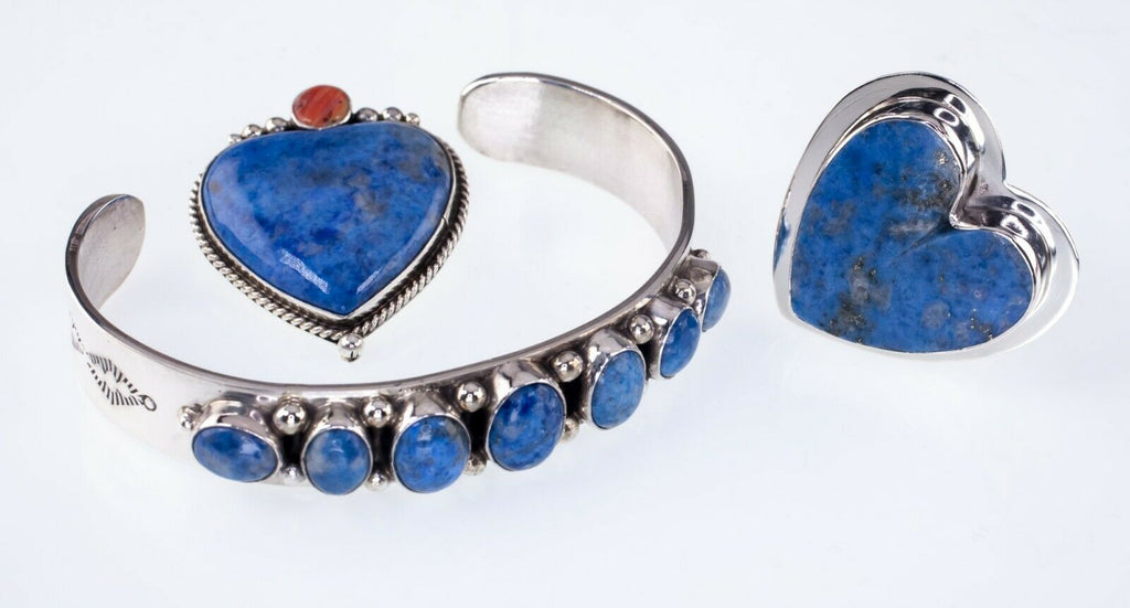 Sterling Silver Navajo Lapis Lazuli Cuff, Brooch, and Ring Set by Nez