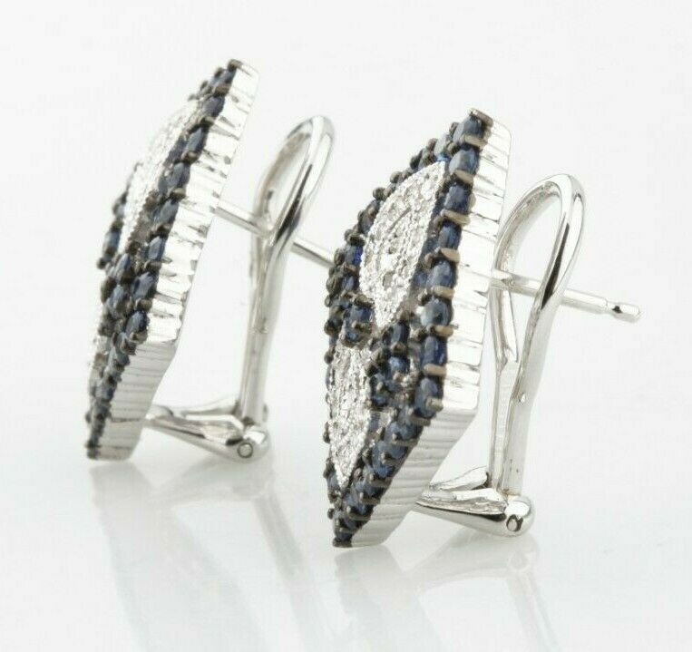 Gorgeous 14k White Gold Diamond and Sapphire Plaque Earrings TCW = 3 ct