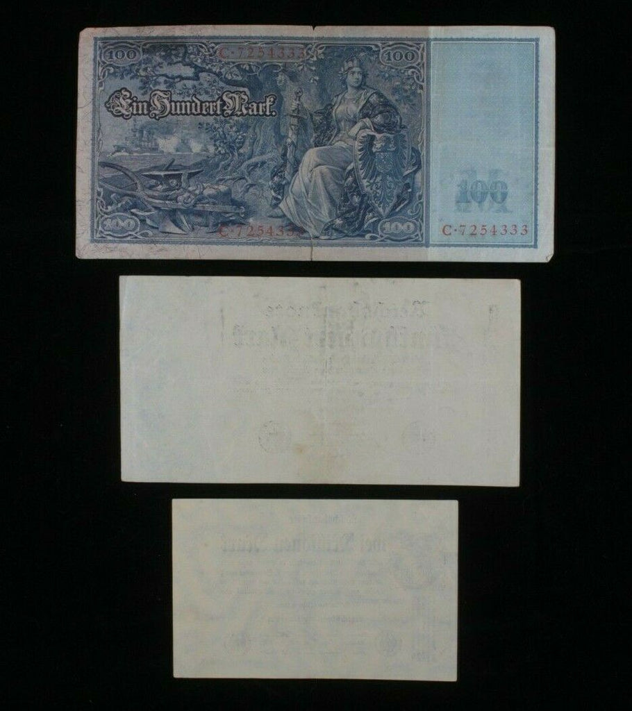 1910-1923 Germany 3-Note // German Empire 100 Mark & Weimar 500 & 2 Million Mark