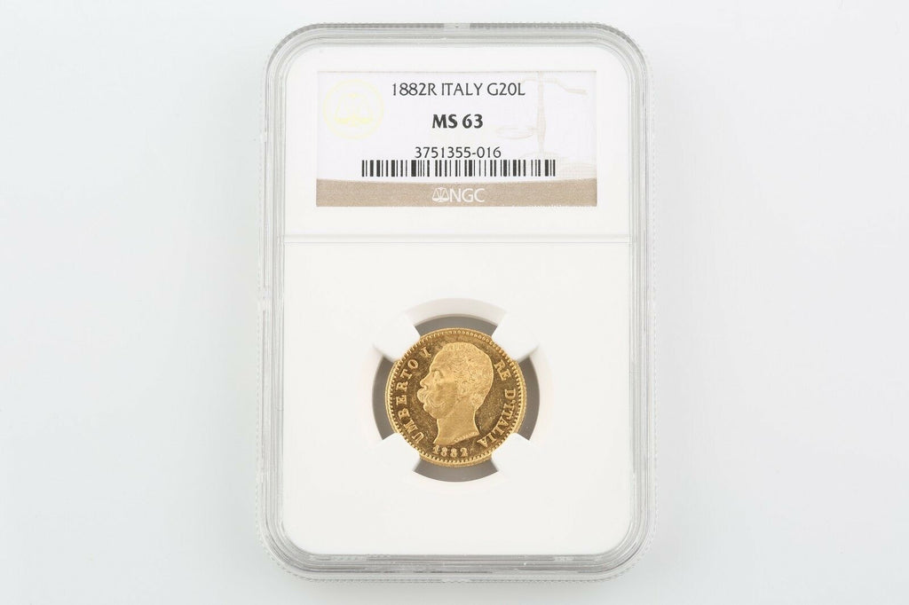 1882 Italian 20 Lire Gold Coin MS-63 1882R Italy G20L NGC Certified MS63