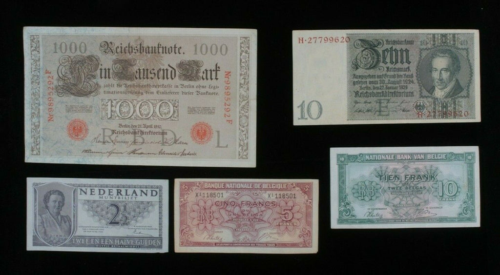 European Misc 5-Notes Lot // Belgium Francs, Germany Mark & Netherlands Gulden