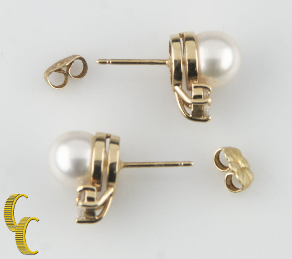14K Yellow Gold Pearl and Diamond Stud Earrings w/ Butterfly Backs