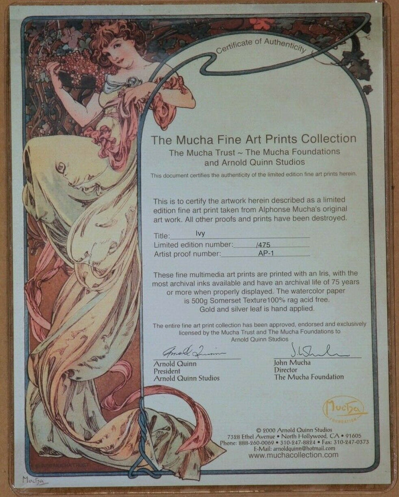 "Ivy" by Alphonse Mucha Giclee on Archival Paper w/ Gold Leaf AP-1 Framed Signed