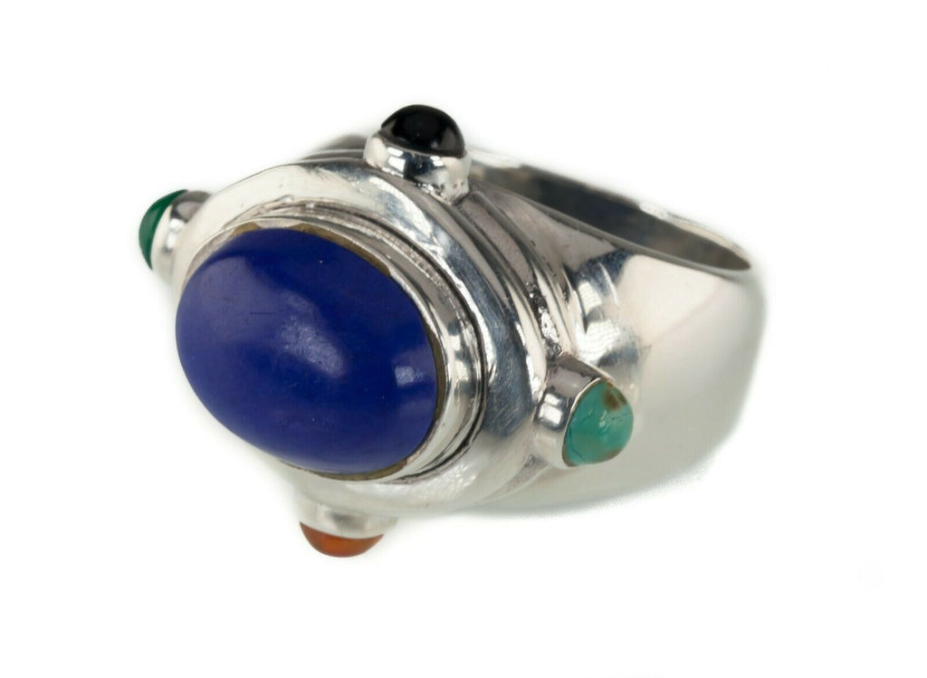 Cabochon Multicolor Stones Sterling Silver Ring Size 7.75