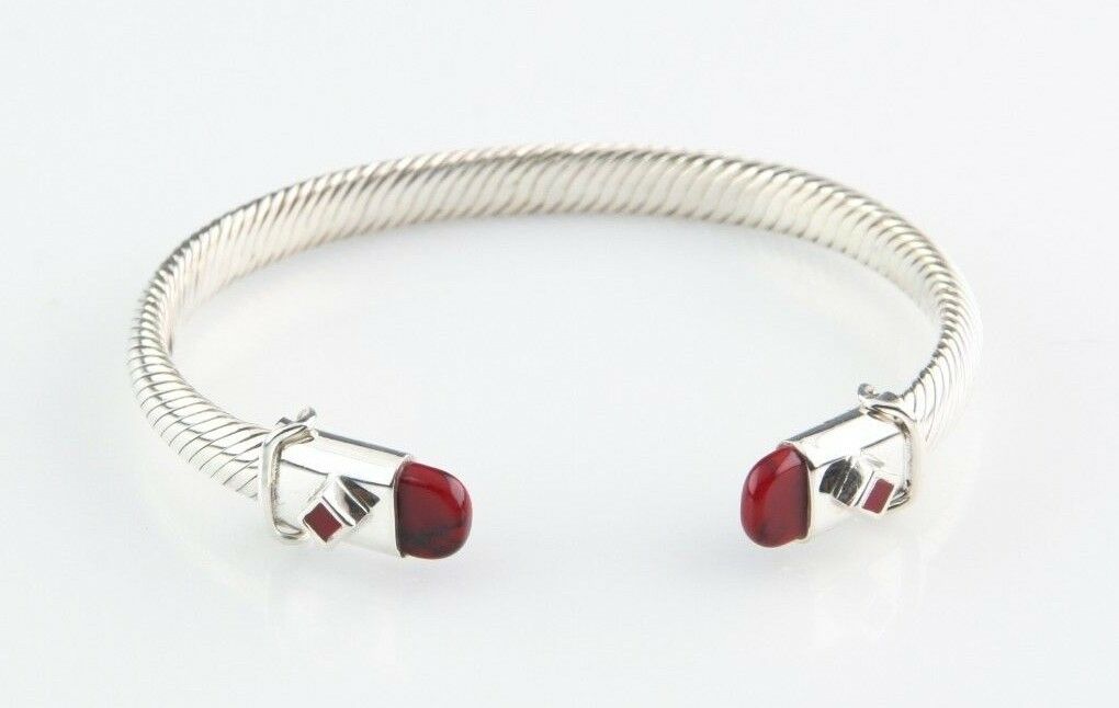 Sterling Silver Cable Cuff Bracelet Bloodstone Accents 7" Long 6 mm Wide 28.8 g