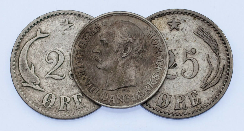 1874-1912 Denmark 10-25 Ore Coin Lot of 3, KM 796.1, 796.2, 807