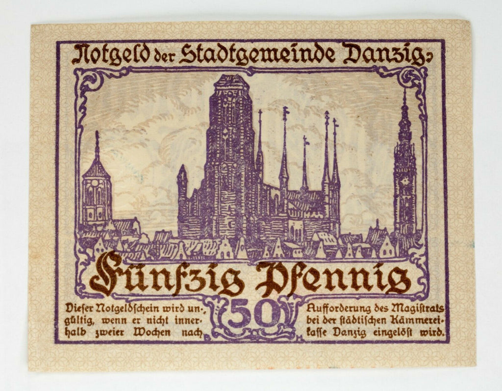 1919 Free City of Danzig 50 Pfennig Notgeld (Extra Fine XF) Gdansk Poland