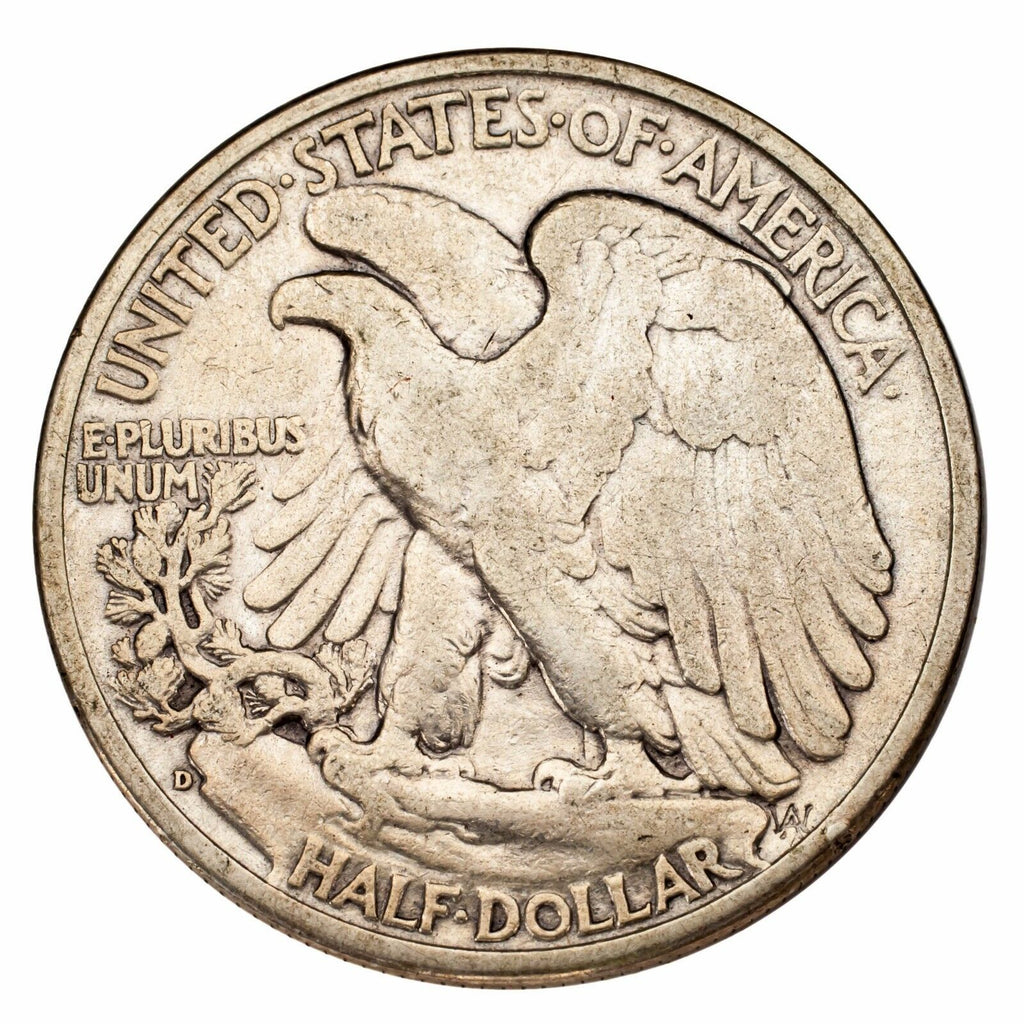 1938-D Silver Walking Liberty Half Dollar 50C (Fine, F Condition)