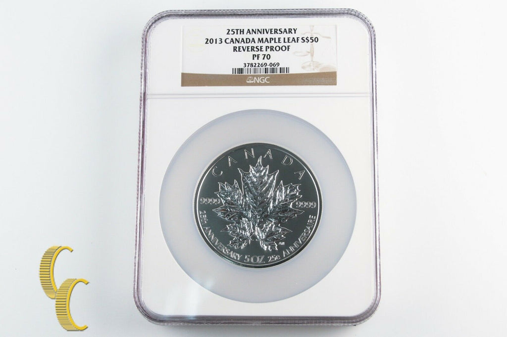 2013 25th Anniversary Canadian 5 oz .9999 Silver Maple Leaf S$50 Reverse PF-70