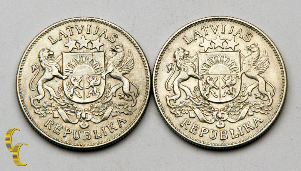 1925-1926 Latvia 2 Lati Silver Coin Lot of 2, KM# 8