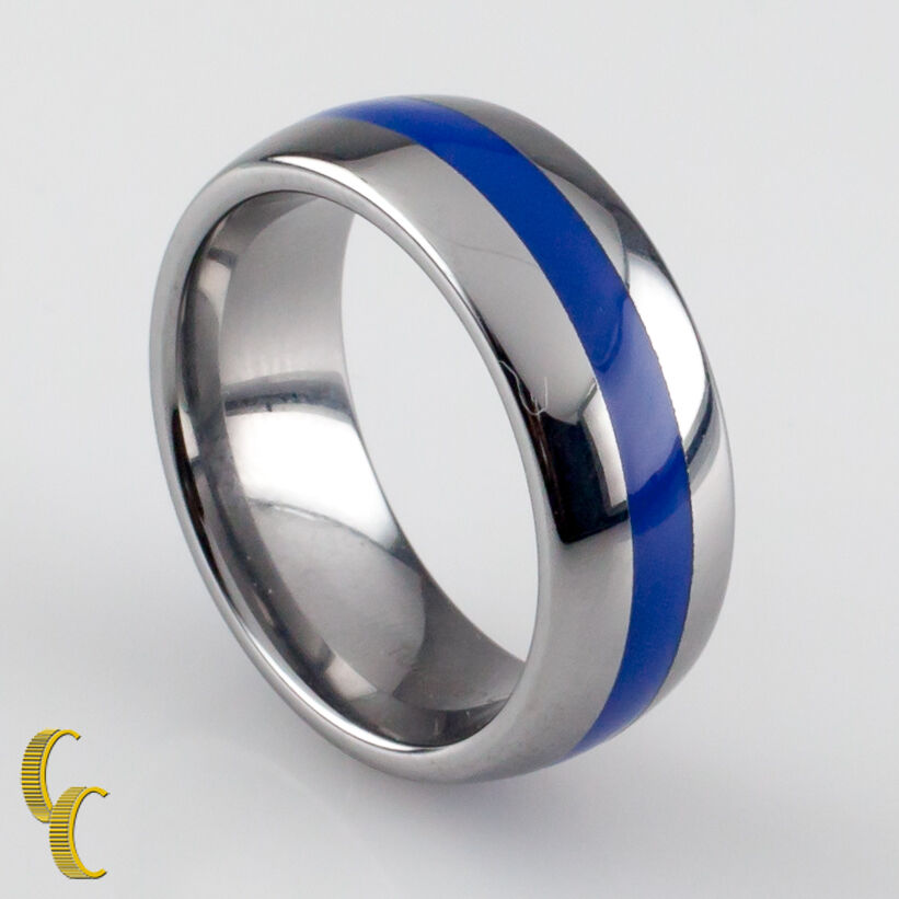 Men's Tungsten Carbide Ring w/ Blue Center Stripe Size 8