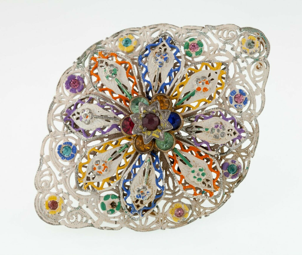 Gorgeous, Unique Sterling Silver Hand-Painted Filigree Rhinestone Brooch