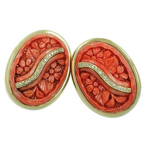 Carved Coral & Diamond 18k Yellow Gold Clip-on Earrings