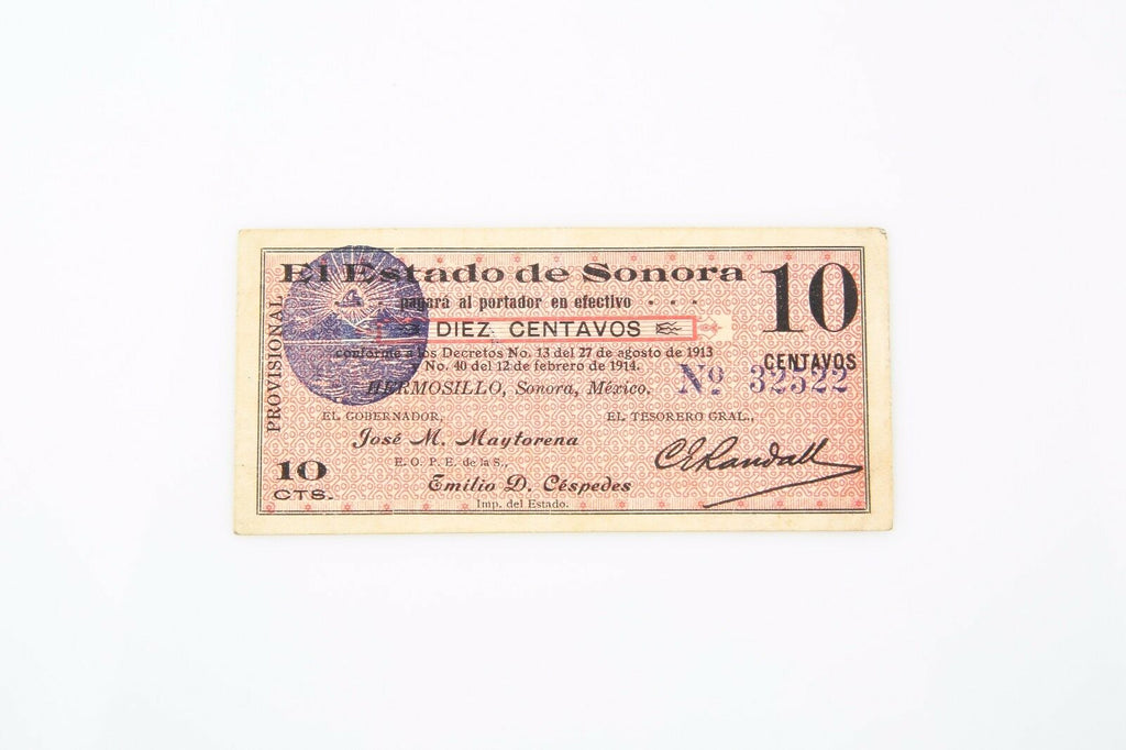 1913-1914 Mexico 10 Centavos AU-55 NET Estado de Sonora About Uncirculated S1063