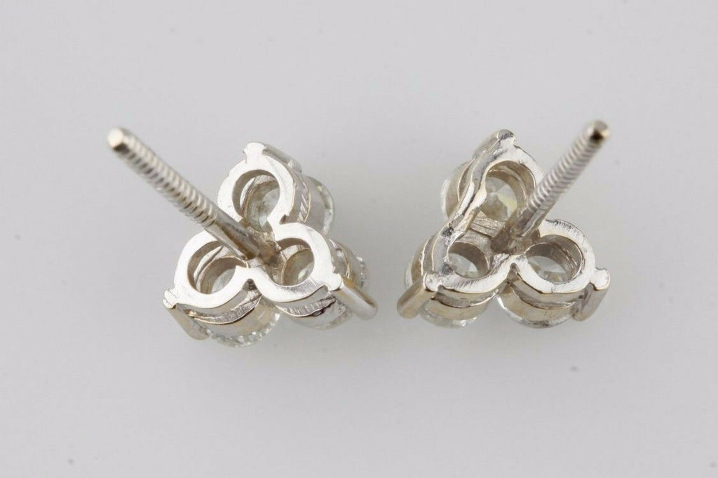 14k White Gold 0.90 carat Three Diamond Cluster Stud Earrings Gorgeous Gift!