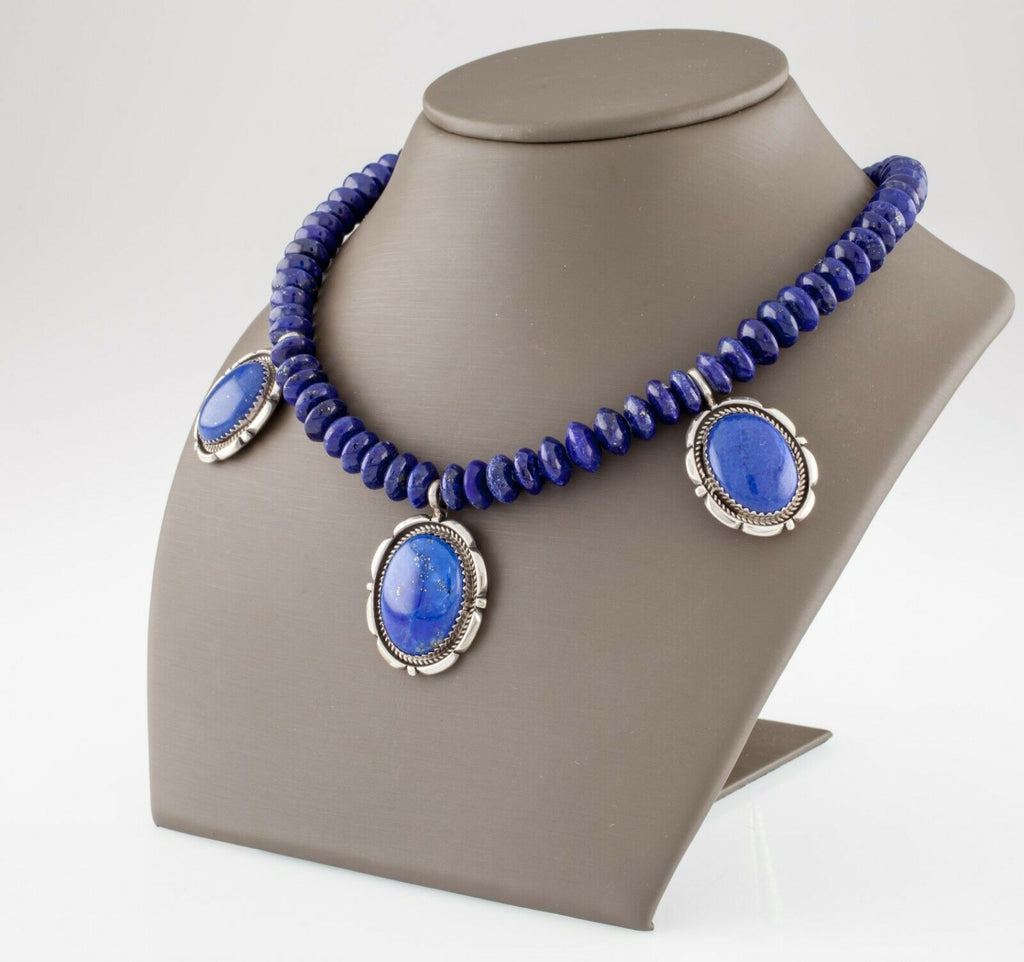 Lapis lazuli Triple Pendant Beads Sterling Silver Necklace 20" Long