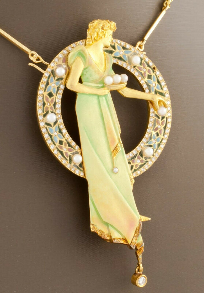 Art Nouveau 18k Gold Plique-a-Jour Enamel, Pearl, and Diamond Brooch Pendant