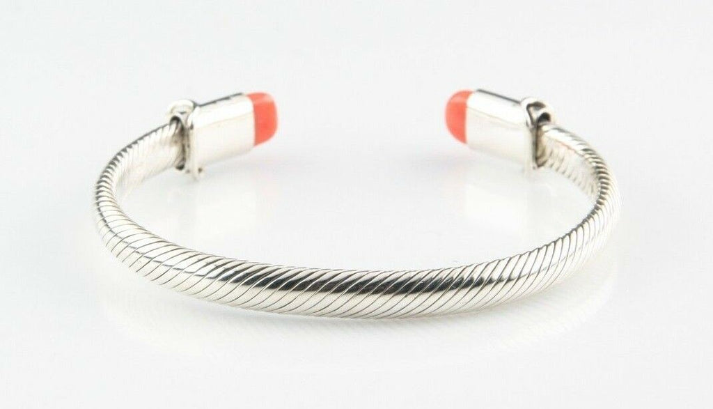 Sterling Silver Cable Cuff Bracelet w/ Coral Accents 7" Long 6 mm Wide 29.2 g