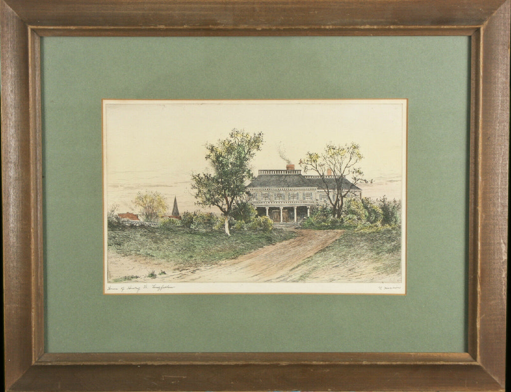 "Home of Henry W. Longfellow" By G. Mercier Signed Aquatint Etching Framed
