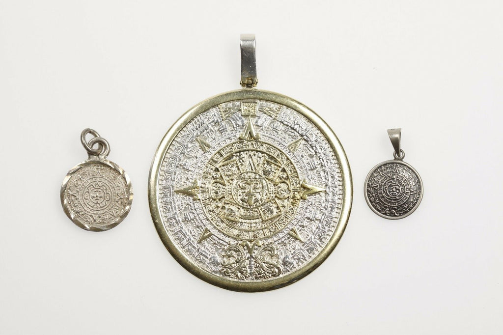 THREE (3) VINTAGE STERLING SILVER TRADITIONAL AZTEC CALENDAR IN 3 SIZES PENDANTS