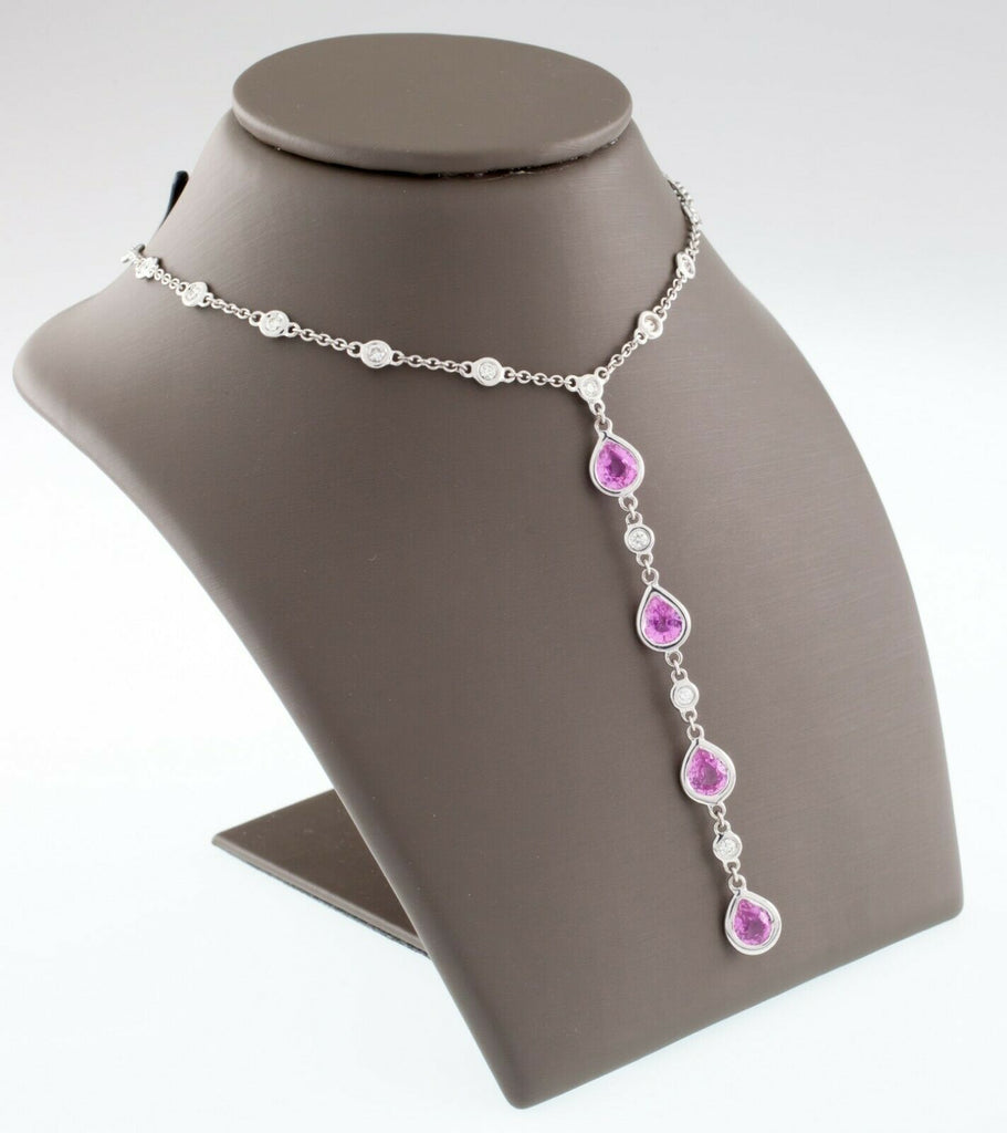 18k White Gold Pink Sapphire and Diamond Drop Pendant Necklace TCW 4.2 ct