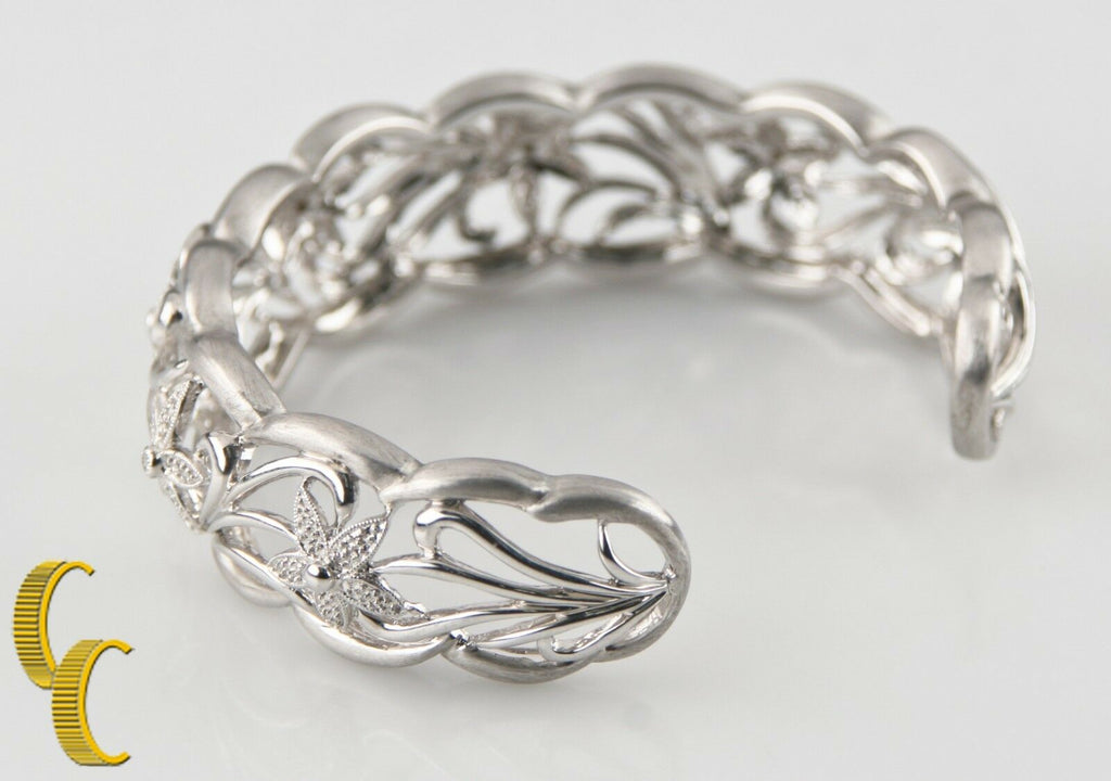 Gorgeous Sterling Silver Filigree Cuff Bracelet with Diamond-Studded Flowers